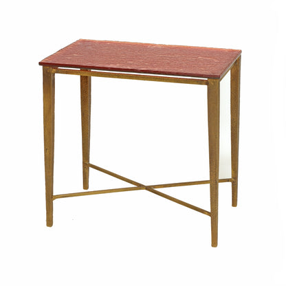 PAIR OF BRASS / GLASS SIDE TABLES (RED)